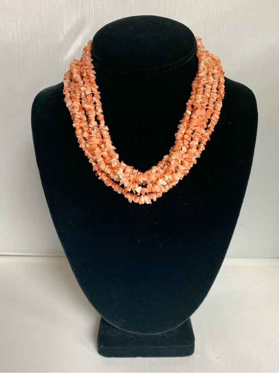 Jewelry - 16” Six Strand Coral Chip Necklace with gold filled filigree clasp